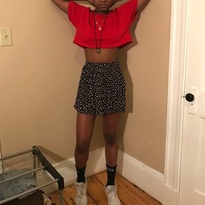 b/w strawberry print skirt, fleece crop top